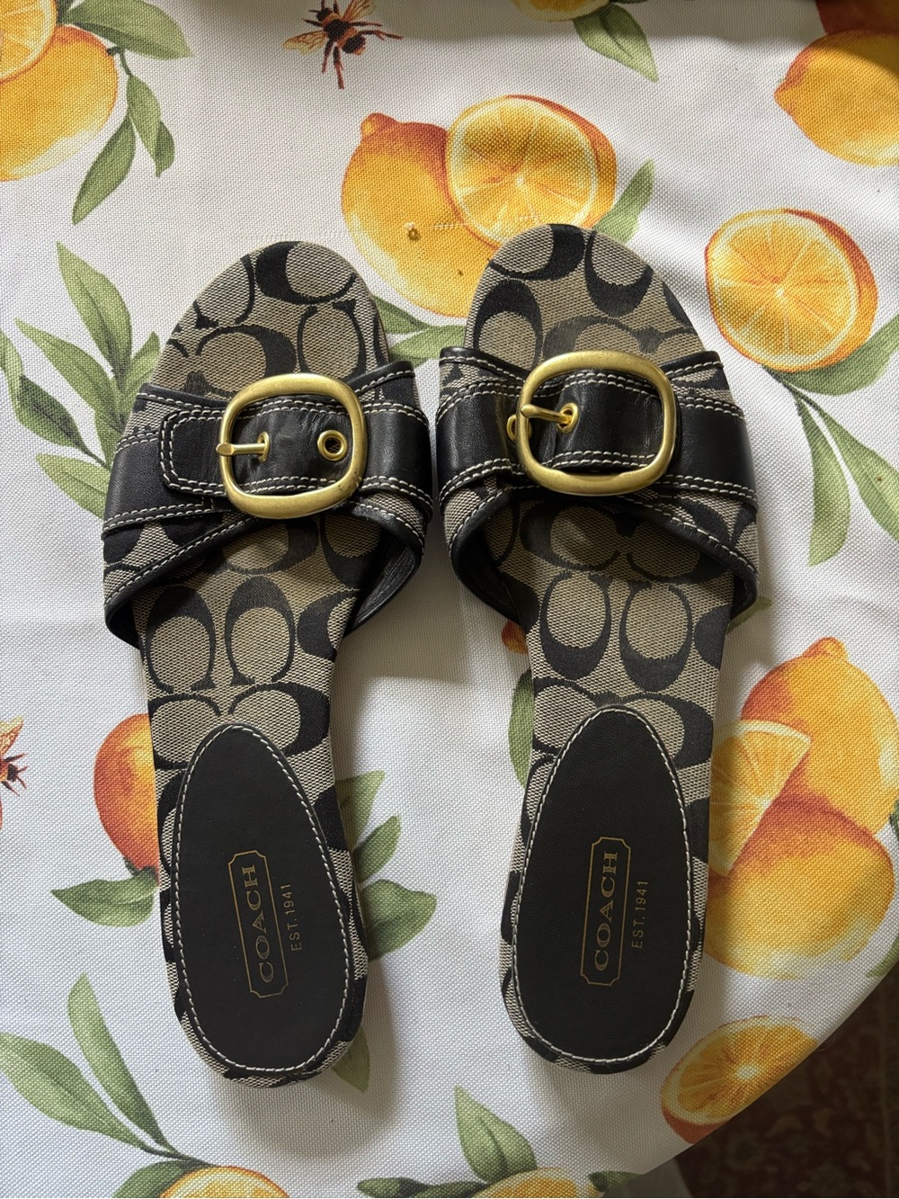 Coach Black & Tan Signature Buckle Slide Sandals
